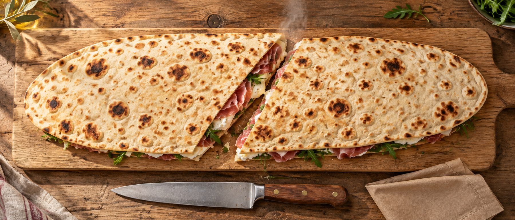 Una piada MAXI enorme, chiusa sul ripieno di crudo, rucola e formaggio fresco e tagliata a metà, su un lungo tagliere di legno accanto a un coltello da cucina.