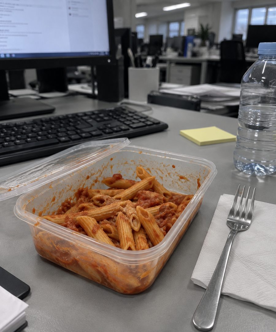 Una vaschetta di plastica con avanzi di pasta al pomodoro sulla scrivania di un ufficio, accanto alla tastiera e a una bottiglietta d'acqua.