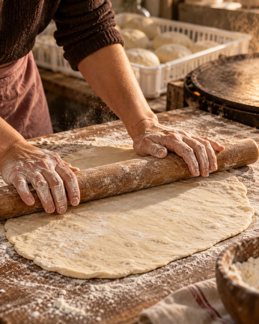 Due mani infarinate stendono con il mattarello una pasta ovale grande su un banco di legno.