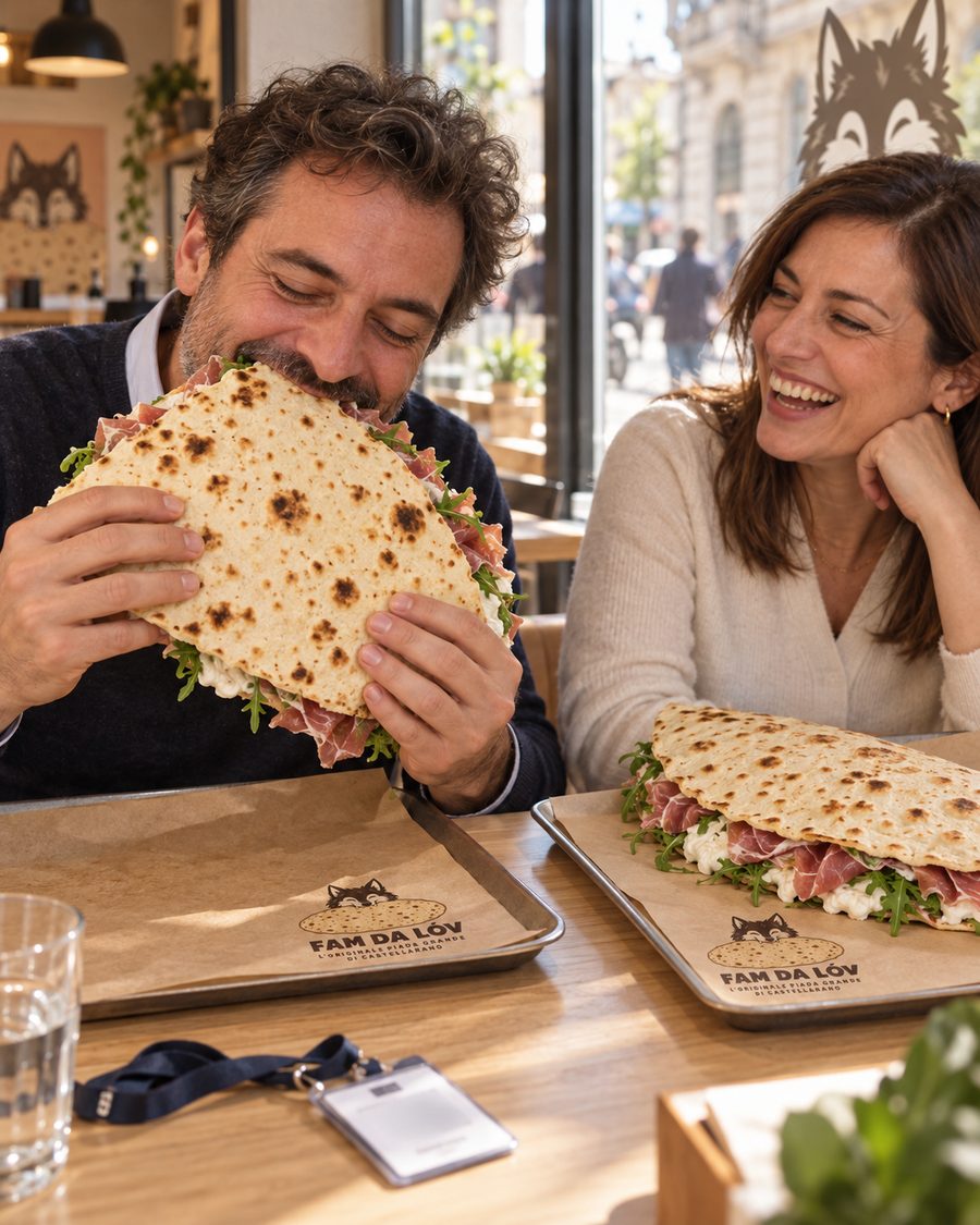 Due colleghi a pranzo da Fam da Lóv: lui addenta una piada MAXI più larga della sua faccia, lei ride.