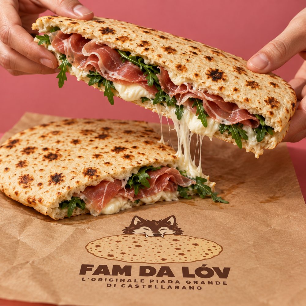 Due mani sollevano metà di una piada MAXI con il formaggio che fila, il crudo e la rucola; sotto, la carta con il logo di Fam da Lóv.