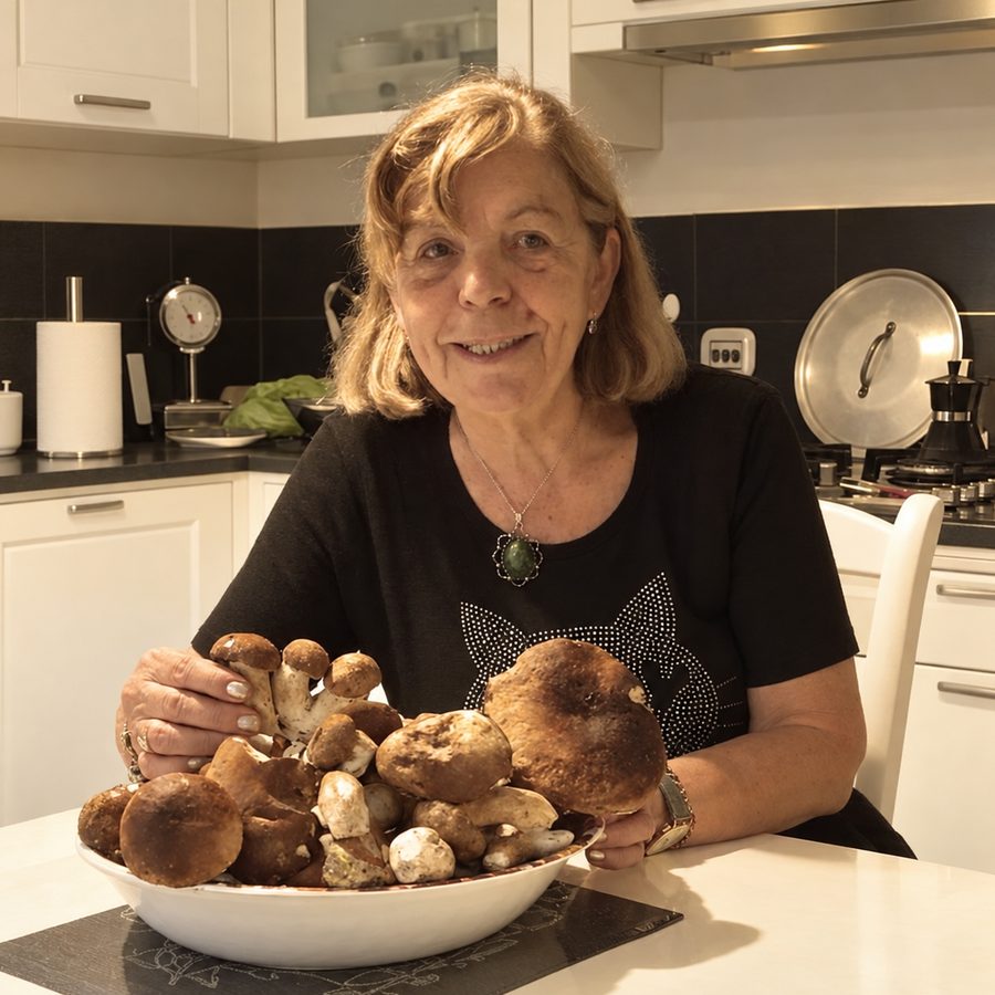 Nonna Gemma seduta al tavolo della sua cucina, sorridente, con davanti una ciotola piena di funghi porcini.