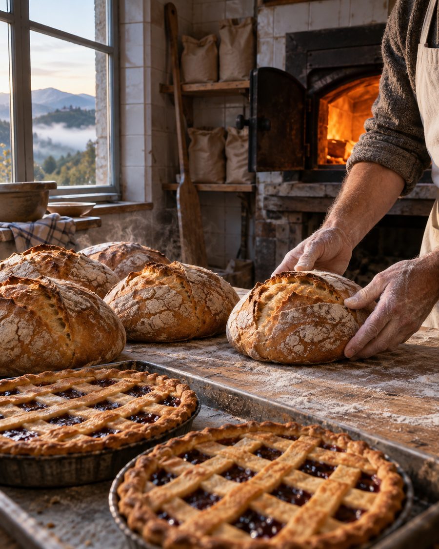 Un piccolo forno di paese all'alba: pagnotte appena sfornate, crostate e la bocca del forno accesa; fuori dalla finestra, colline nella nebbia.