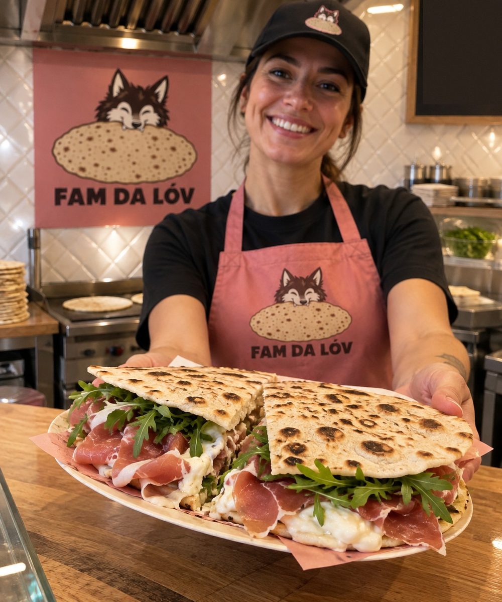 Una ragazza al banco di Fam da Lóv, con il grembiule rosa del lupo, porge una piada MAXI tagliata a metà piena di crudo, rucola e formaggio.