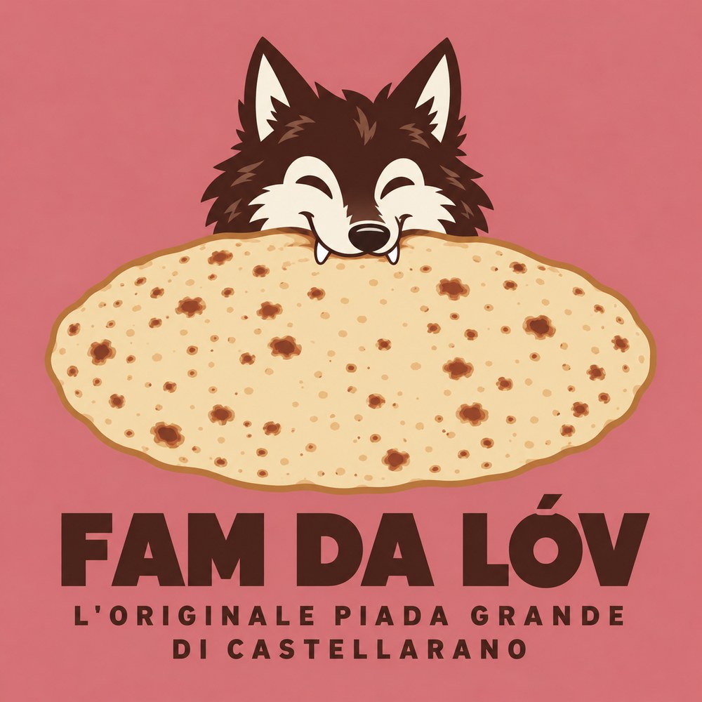 Il logo di Fam da Lóv: un lupo bruno con gli occhi chiusi che addenta una piada ovale più grande di lui. Sotto, la scritta L'originale piada grande di Castellarano.
