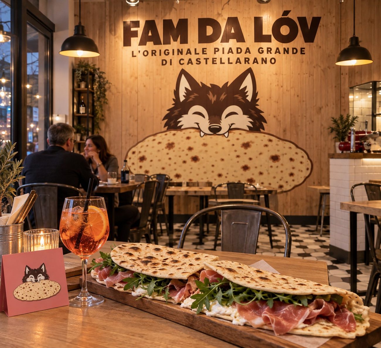 La sala di Fam da Lóv la sera, con il lupo sulla parete di legno e una piada MAXI lunga sul tagliere in primo piano.