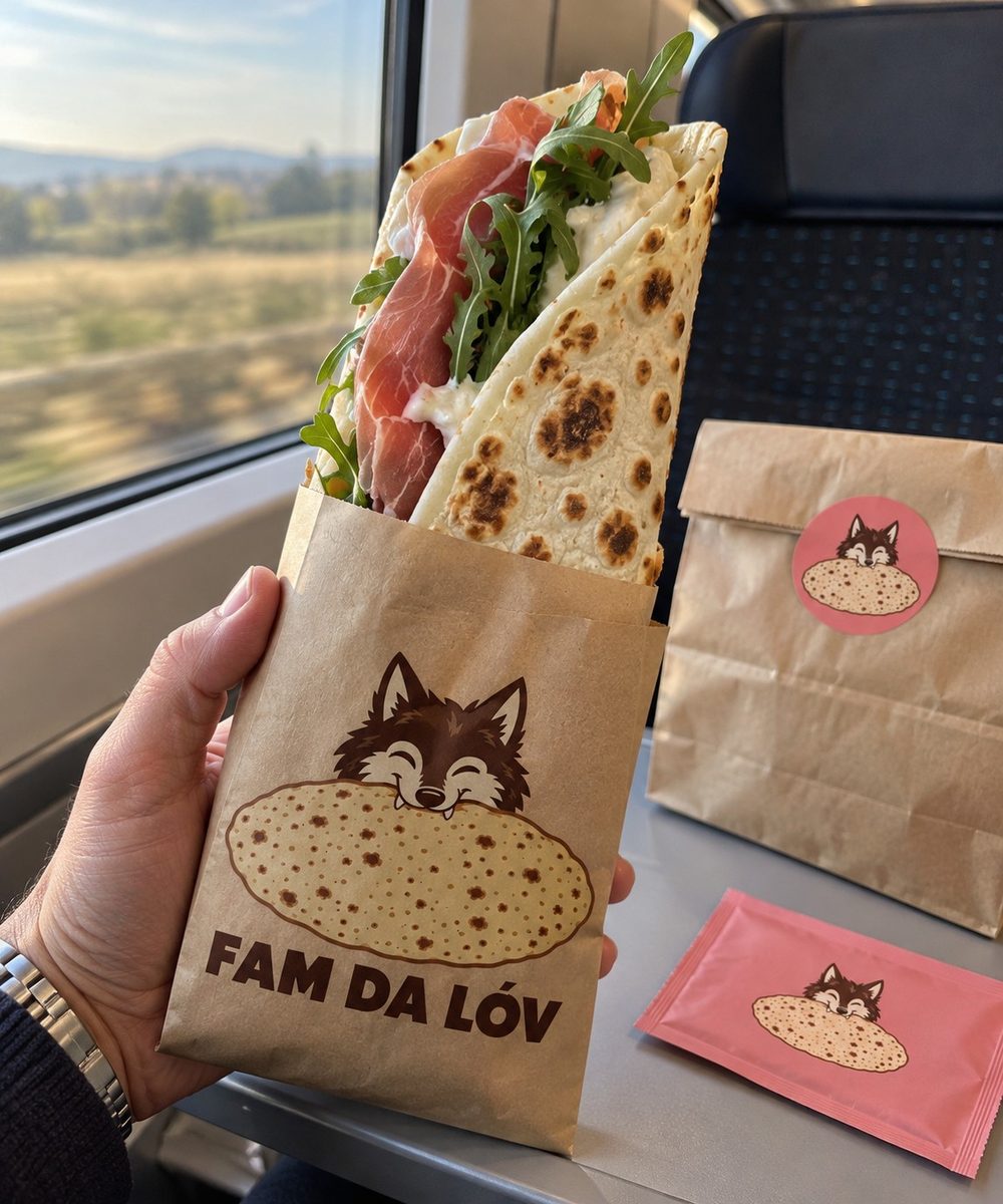 Una mano tiene in treno una piada incartata nel sacchetto di carta con il lupo di Fam da Lóv, con il crudo e la rucola che spuntano.