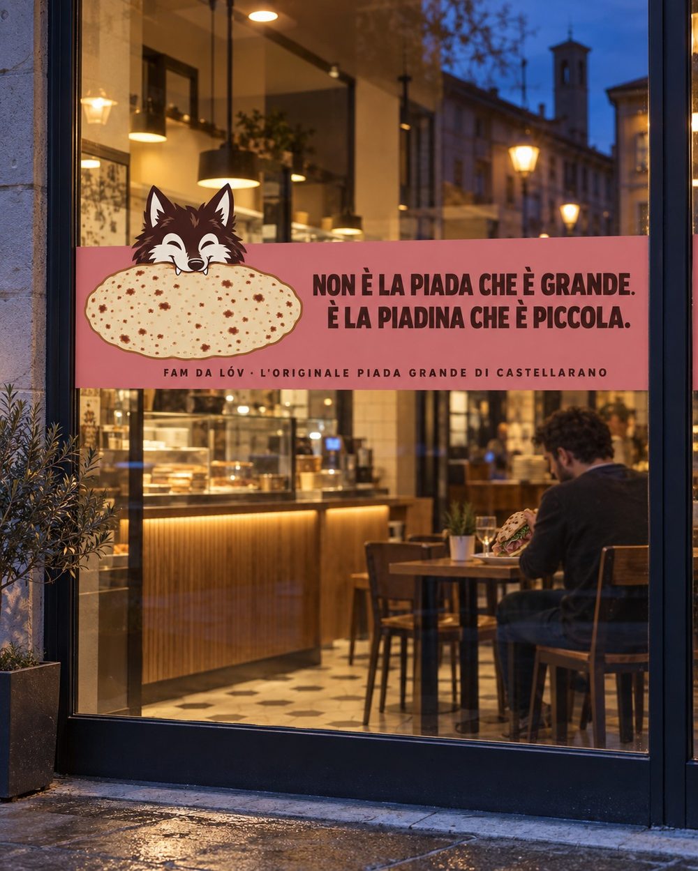 La vetrina di Fam da Lóv con il lupo e la scritta: Non è la piada che è grande. È la piadina che è piccola.